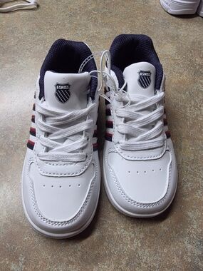 K-Swiss White Leather Tennis Sneakers with Navy & Red Stripes